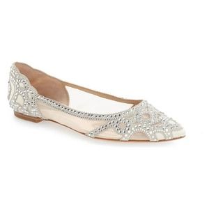 Badgley Mischka Gigi Silver Crystal Embellished Beige Mesh Pointed Toe Flats